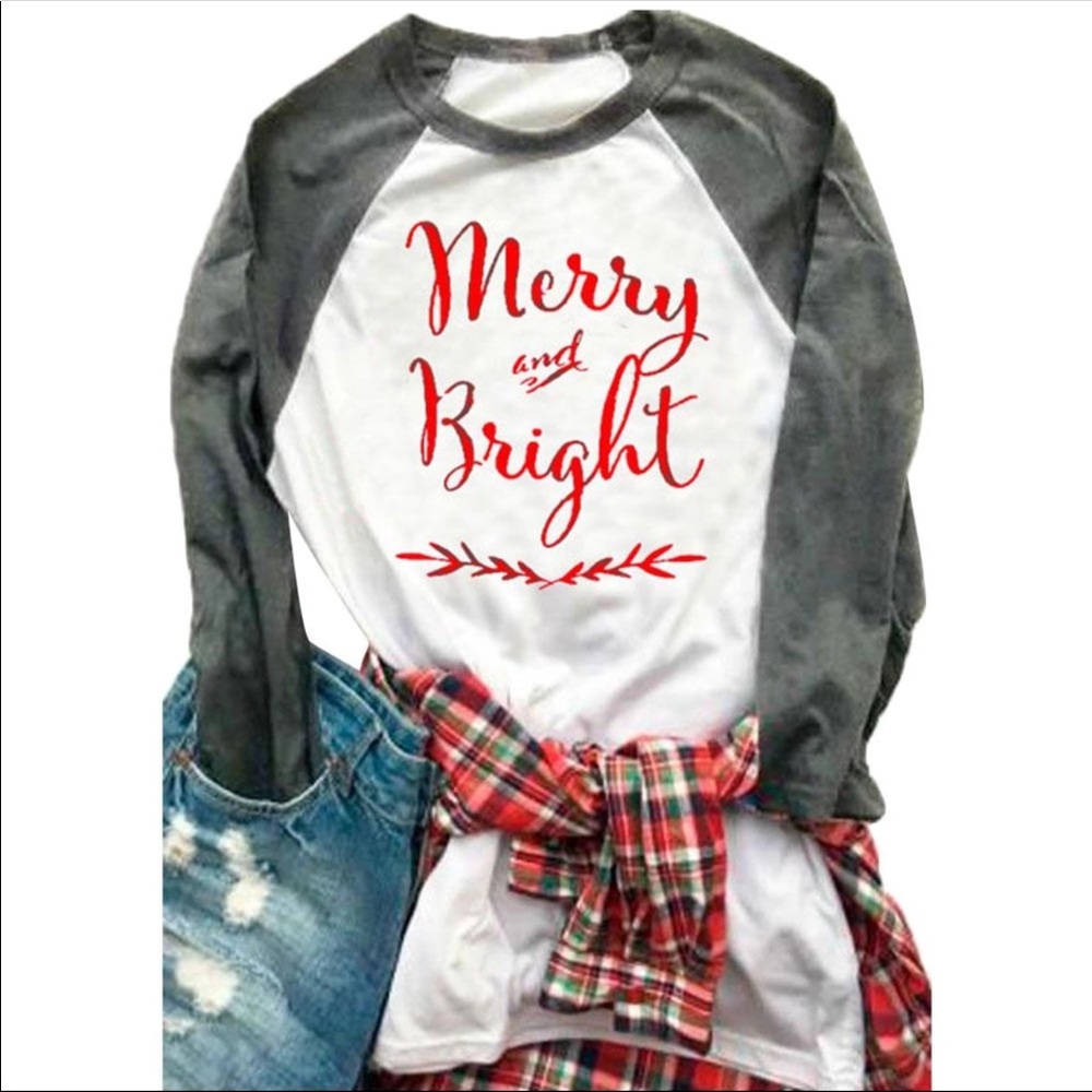 Merry & Bright Christmas baseball tee new